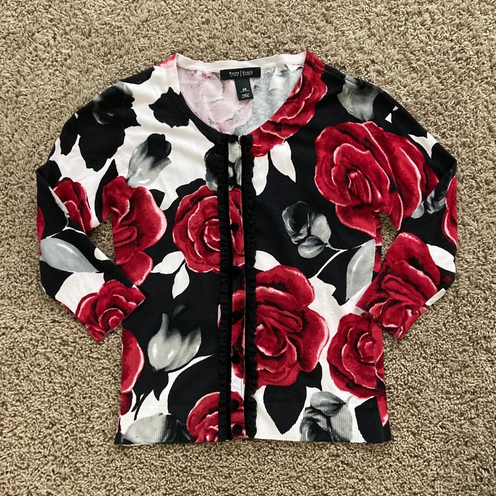 White House Black Market Red Rose Sweater Cardigan